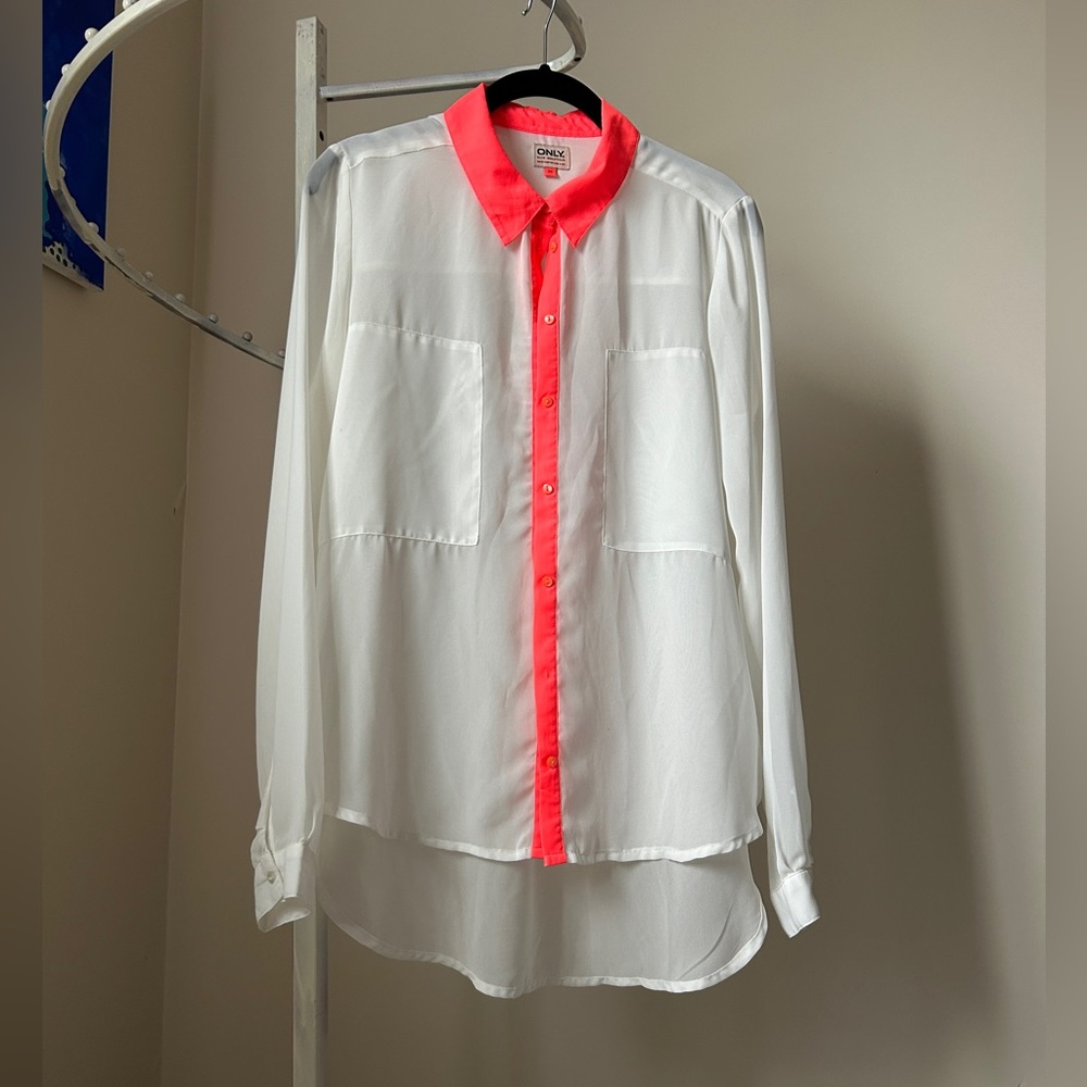 2 for $10 Sheer blouse with fluorescent orange detail - Picture 3 of 7